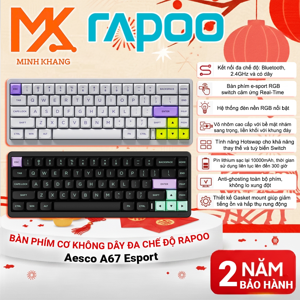 Bàn phím cơ e-sport Rapoo AESCO A67 – RGB, Hot-Swap, Wireless 4KHz & Wired 8KHz, Pin 10000mAh