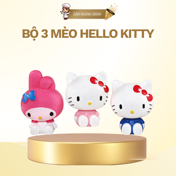 Bộ 3 Mèo Hello Kitty, Mèo Melody trang trí bánh sinh nhật, decor bánh kem