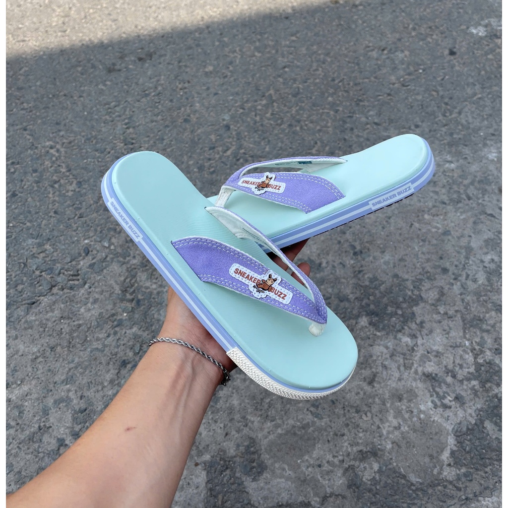 [ Chính Hãng ] - Dép Sneaker Buzz Xanh Nhạt Quai Tím Logo Mr Buzz