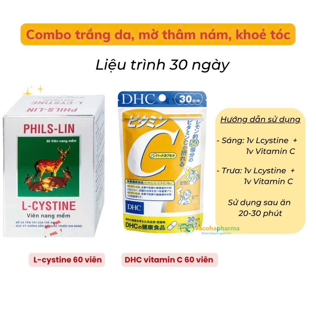 Combo L cystine Phils Lin 500mg và Vitamin C DHC viên uống trắng da mọc tóc ngừa nám giúp móng chắc 