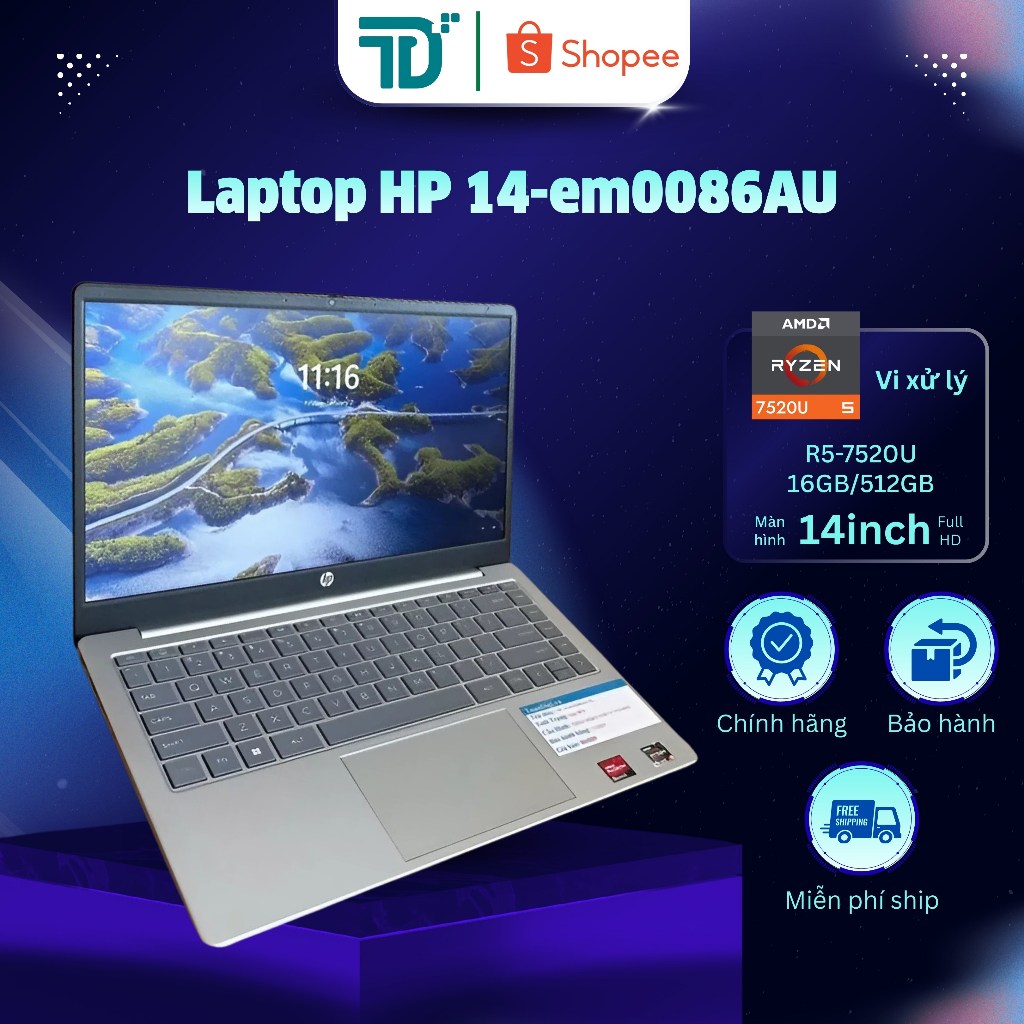 HP 14-em0086AU | Laptop Cấu Hình Mạnh R5 7520U, RAM 16GB, SSD 512GB, Màn Hình 14'' FHD | Bảo Hành Ch