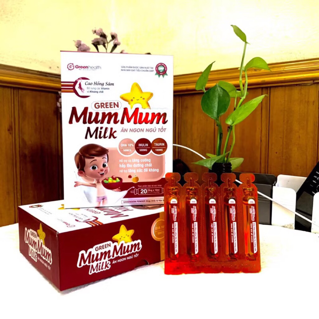 Siro ống ăn ngon, ngủ ngon cho béGREREN MUM MUM MILK ( Hộp 20 ống ) - Bổ sung DHA, Cao Hồng Sâm và c