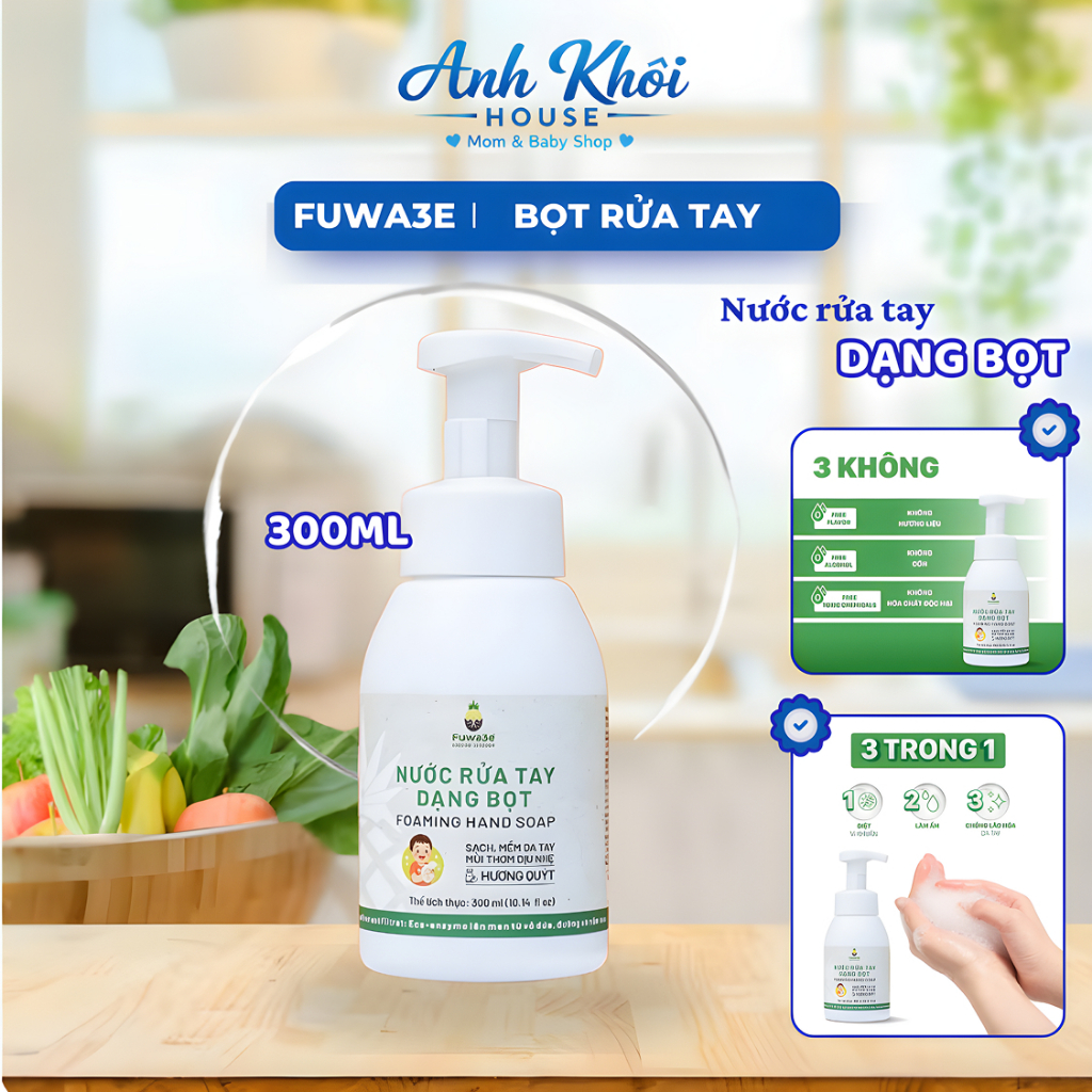 FUWA3E | Bọt Rửa Tay Fuwa3e 300ml, Enzyme Sinh Học Tinh Dầu Quýt Diệt Khuẩn, Dịu Nhẹ, Làm Mềm, Bảo V