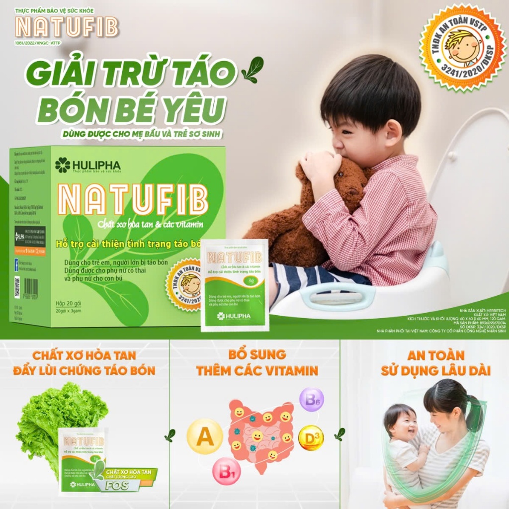 NATUFIB Giảm táo bón trẻ em , Bổ sung chất xơ hòa tan và Vitamin , Hộp 20 gói