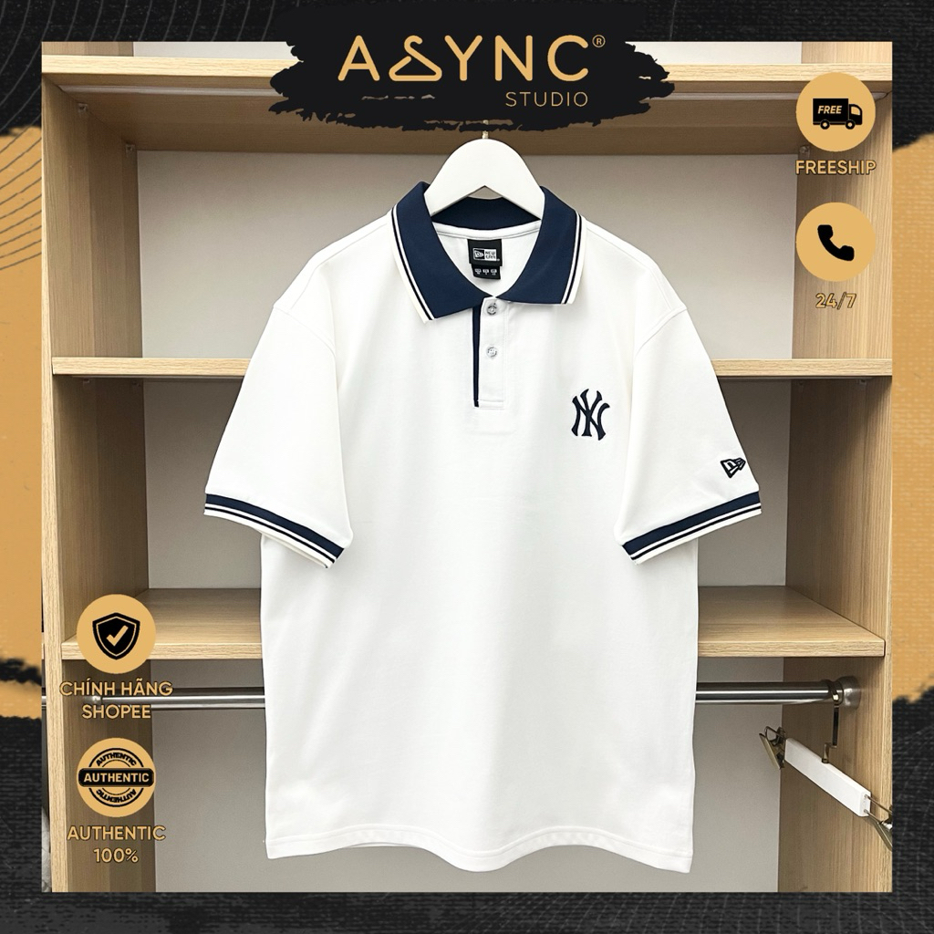 (Auth) Áo Polo New Era x MLB NY New York Trắng Cổ Navy Viền Trắng Trơn Logo Thêu | CODE: 15488928 - 