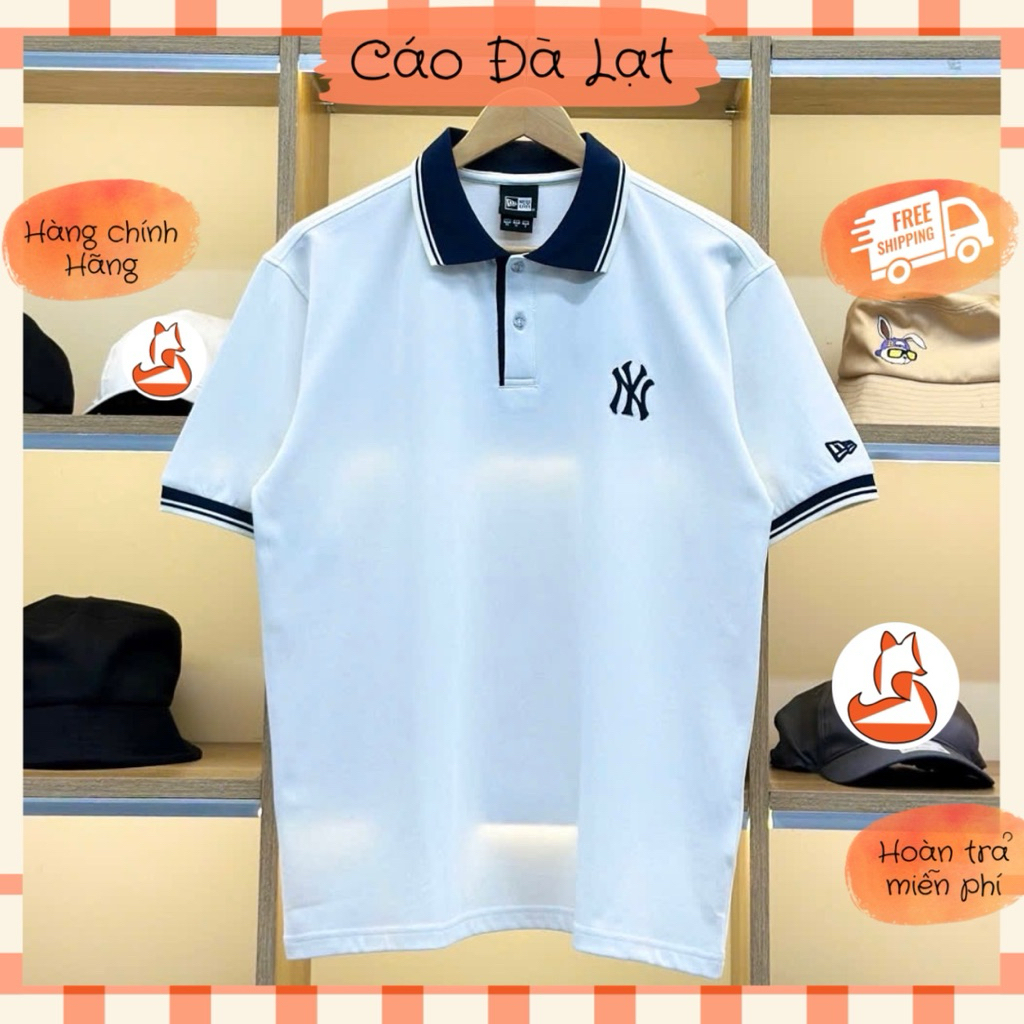 [CHÍNH HÃNG] Áo Polo New Era x MLB NY New York Trắng Cổ Navy Viền Trắng Trơn Logo Thêu 15488928 | Cá