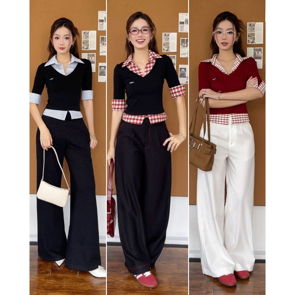 LUNA PANTS – Confi | Quần ống suông lưng cao, form đứng, đường chỉ đỏ nổi bật.
