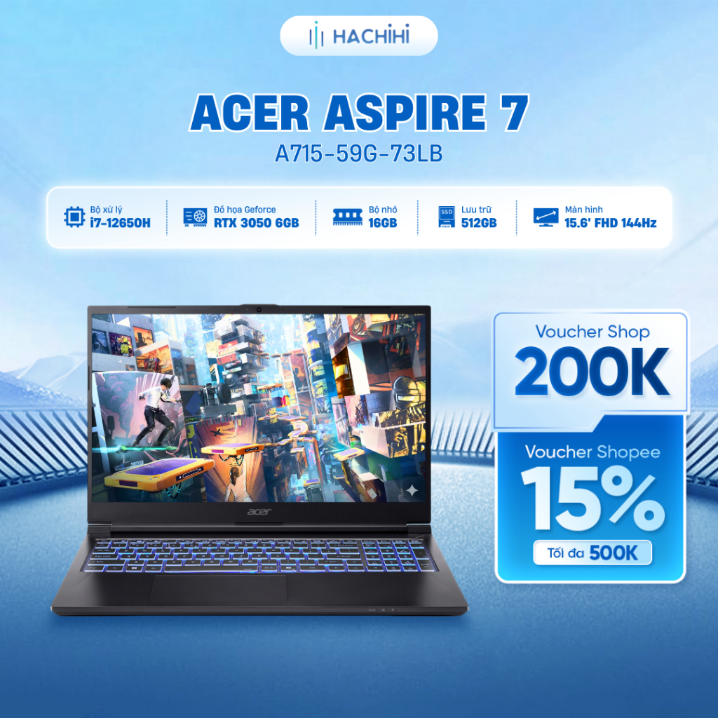 Laptop Gaming Acer Aspire 7 A715-59G-73LB i7-12650H | RTX™ 3050 6GB | 16GB | 512GB | 15.6' FHD 144Hz