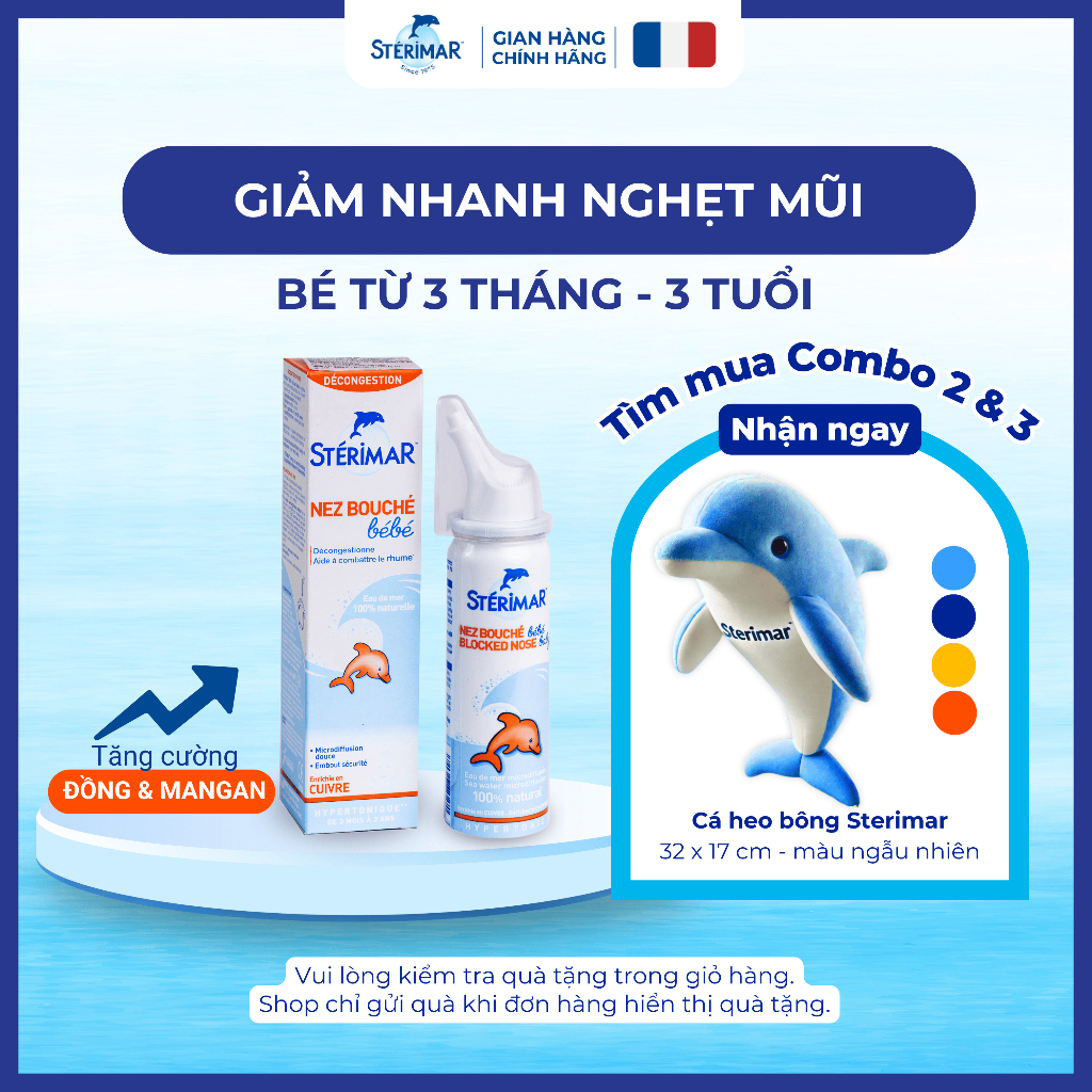 (HSD:T10/2026) Xịt Mũi Cá Heo Cam Giảm Nghẹt Mũi Sterimar Blocked Nose Baby - 50ml (Cho bé 3 tháng - 3 tuổi)