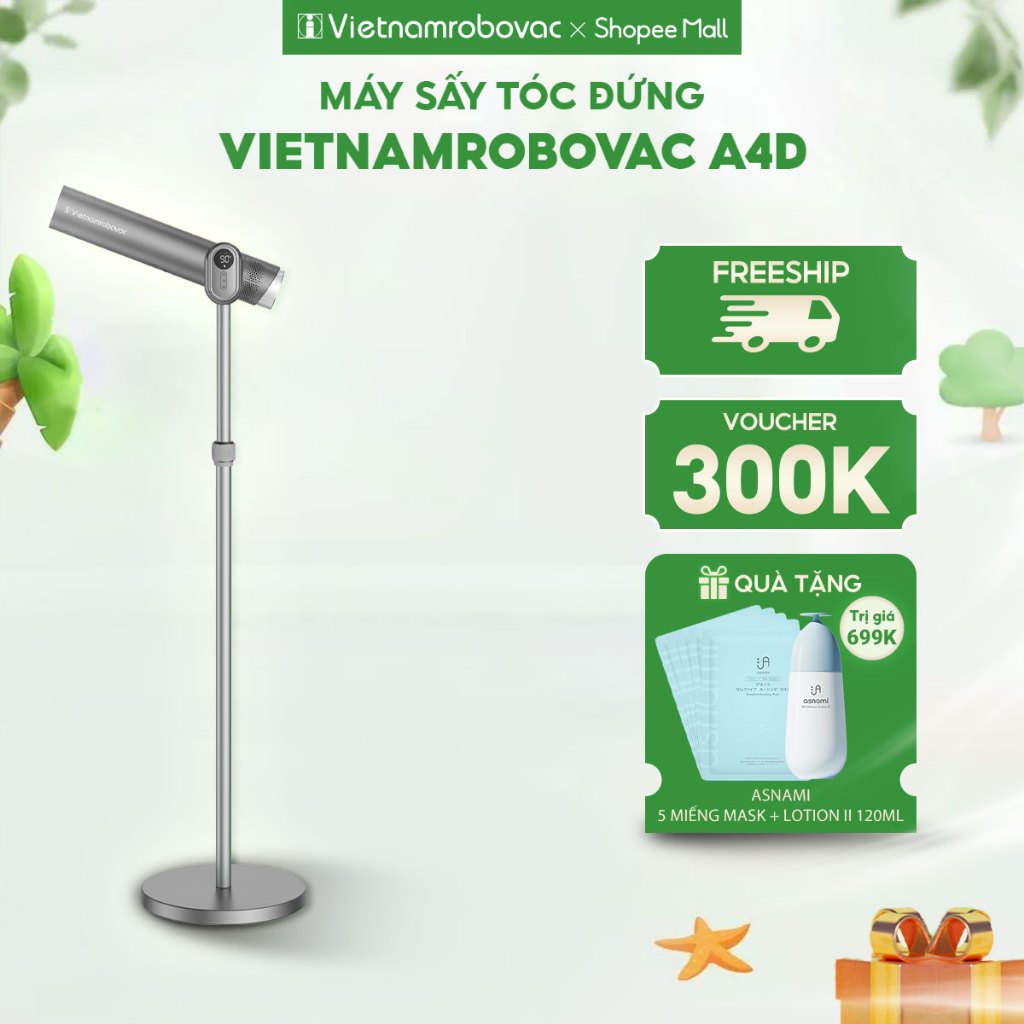 Máy Sấy Tóc Đứng Vietnamrobovac A4D  - Chăm Sóc Tóc Mềm Mại Bằng ion Âm - Điều Chỉnh Góc 180 Độ