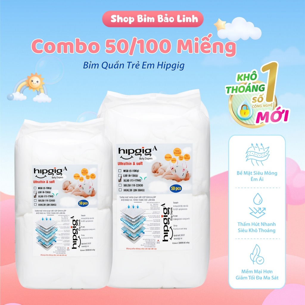 Bỉm Xuất Nhật Hipgig Êm Ái Thấm Hút 750ml - Combo 50/100 Miếng Bỉm Quần Trẻ Em Đủ Size
