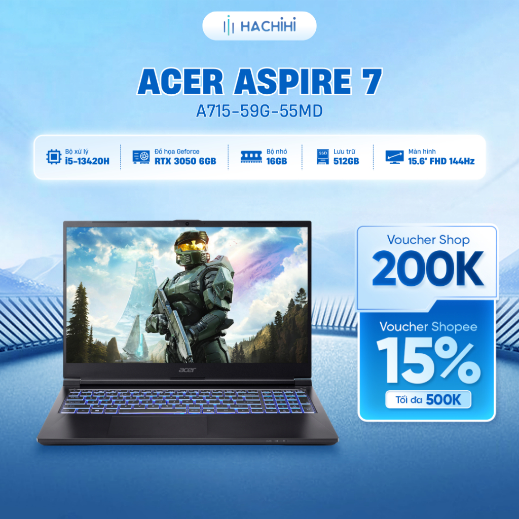 Laptop Gaming Acer Aspire 7 A715-59G-55MD i5-13420H | GeForce RTX™ 3050 6GB | 16GB | 512GB | 15.6' F