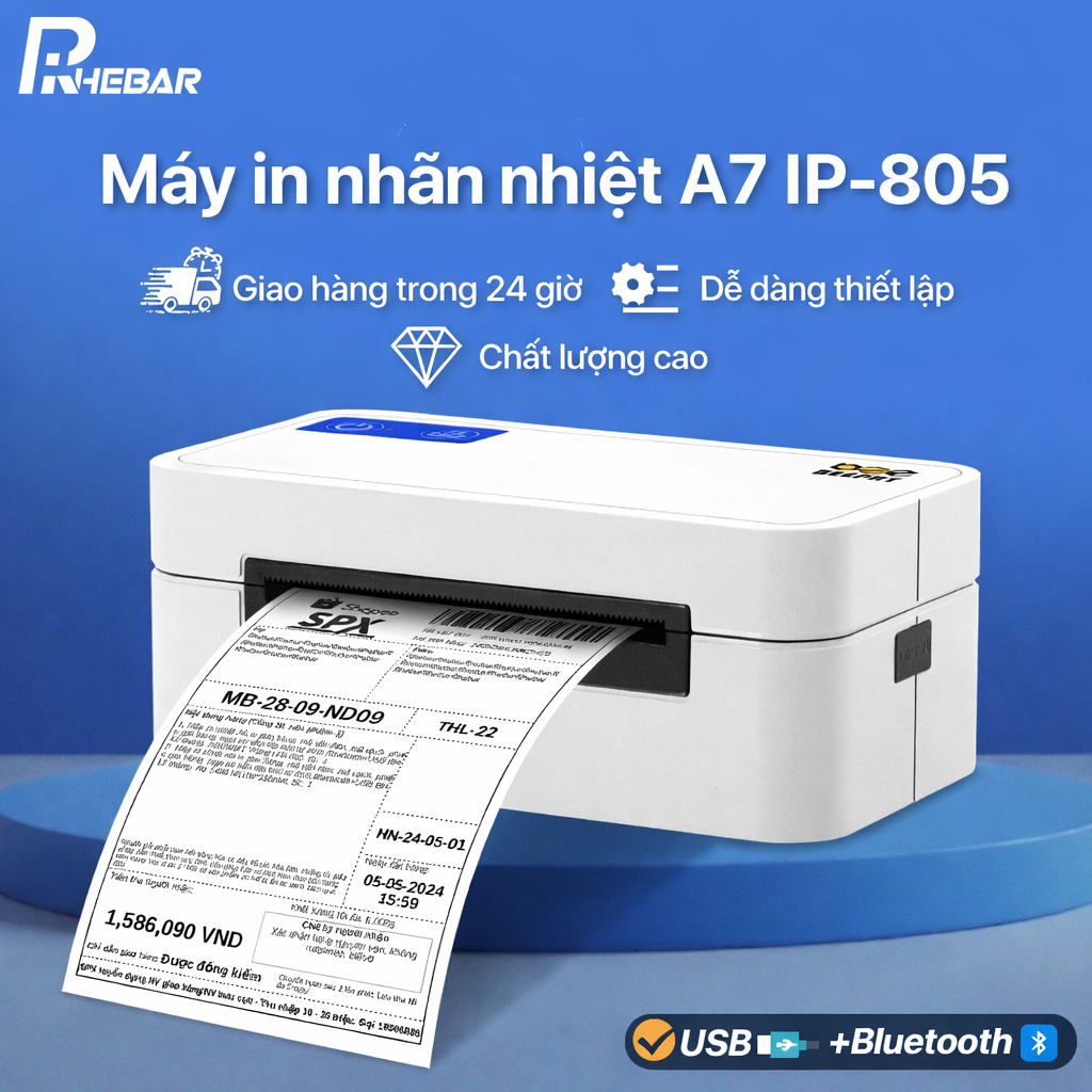 Máy In Nhiệt In Đơn Hàng  A7 IP-805BT Rhebar – Kết Nối USB & Bluetooth, In Tem Nhãn, QR Code, Logo