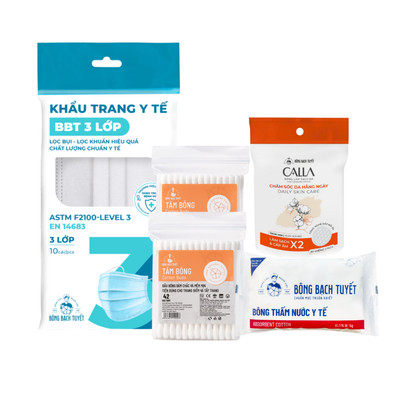 [QUÀ TẶNG KHÔNG BÁN] Combo 5 quà: Bông y tế + 2 tăm bông + bông xỏ ngón + khẩu trang 3 lớp trắng