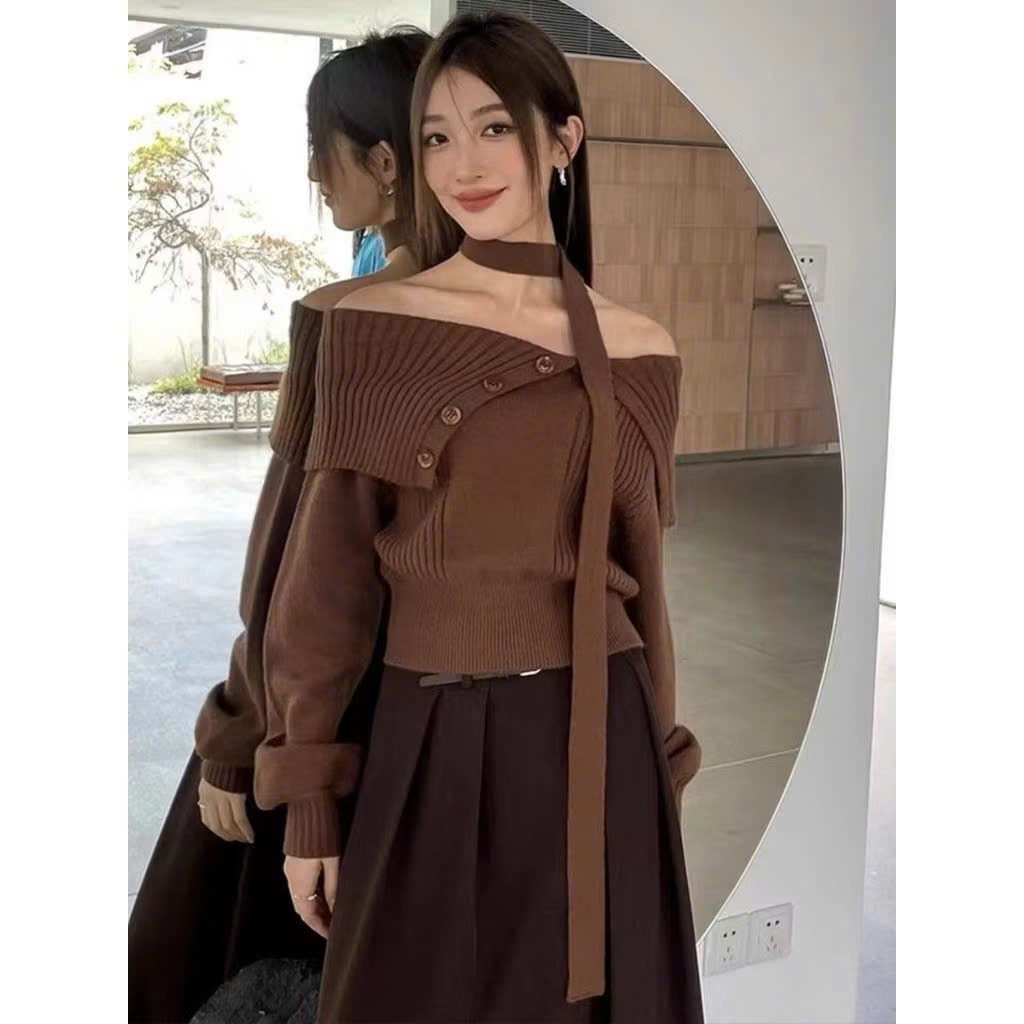 [Annastore] Áo trễ vai cài khuy len cập nhật xu hướng trendy [Nhập mã voucher giảm giá]