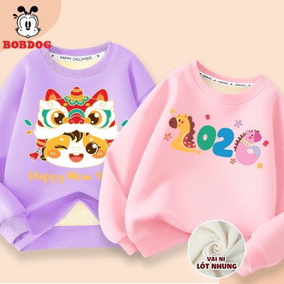 Áo nỉ lót lông cho bé gái BOBDOG, áo dài tay bé gái chất nỉ nhung dày ấm in hình TẾT 2026 dễ thương