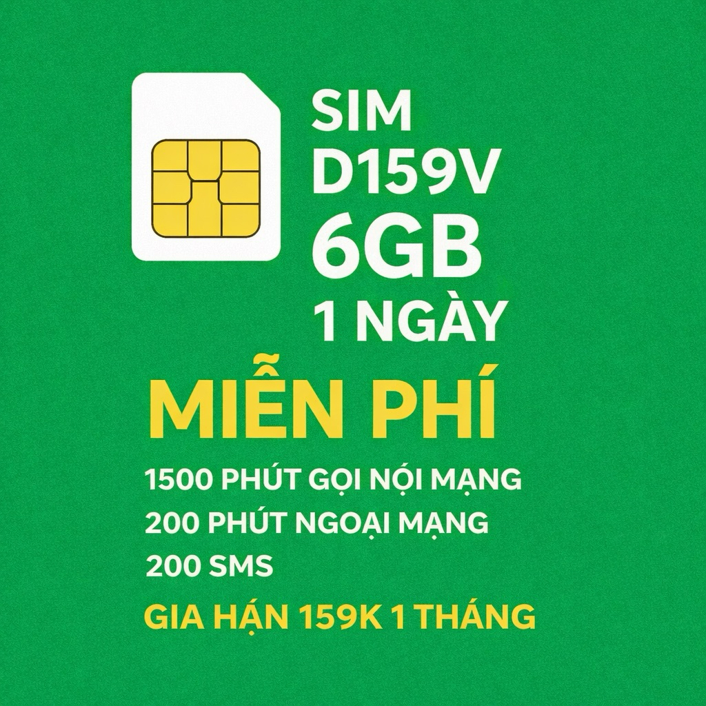 SIM D159V VINAPHONE(6GB/NGÀY,MIỄN PHÍ 1500'NỘI MẠNG,200'NGOẠI MẠNG,200 SMS,GIA HẠN 159K/THÁNG)