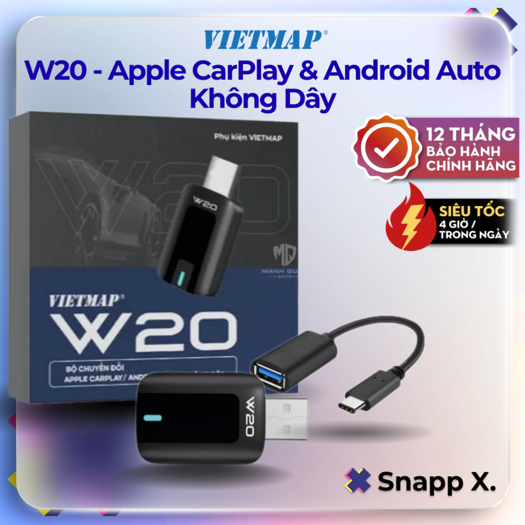 Vietmap W20 - Thiết bị chuyển đổi Carplay / Android Auto từ có dây thành không dây - BH 12T