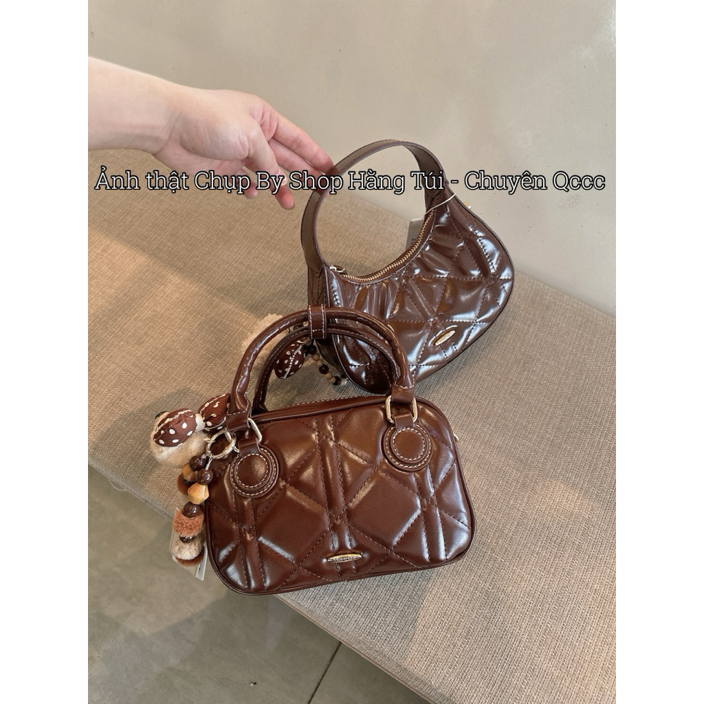 Túi Dáng Vuông Trần ô size mini 18cm Charm Cún nơ cực xinh HS339