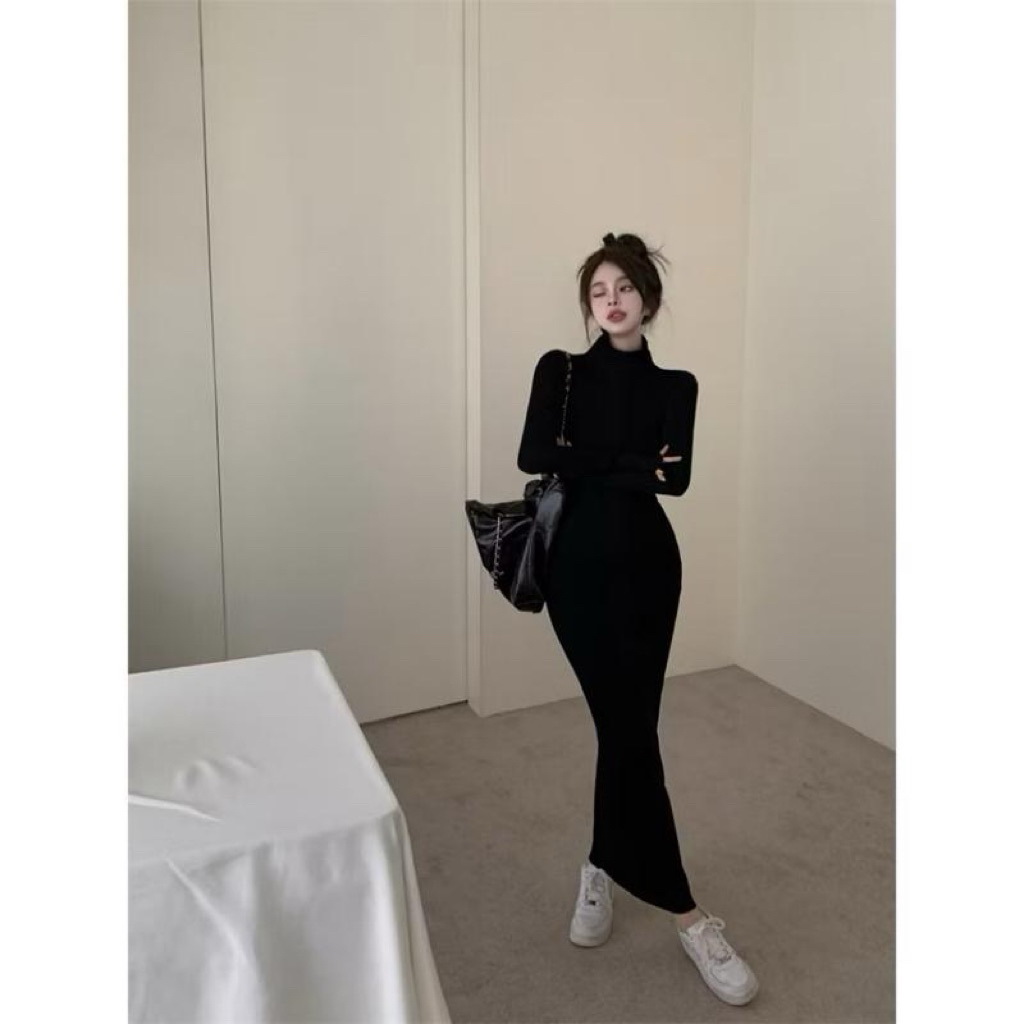 Váy 05 váy tay dài cổ lọ 8p dáng dài ôm body chất tăm BIGSIZE