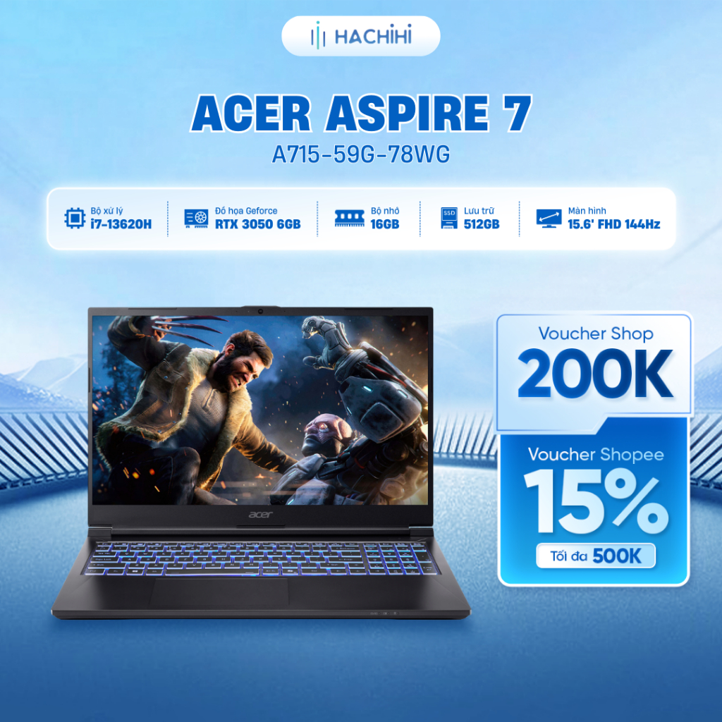Laptop Gaming Acer Aspire 7 A715-59G-78WG i7-13620H | GeForce RTX™ 3050 6GB | 16GB | 512GB |  Win 11