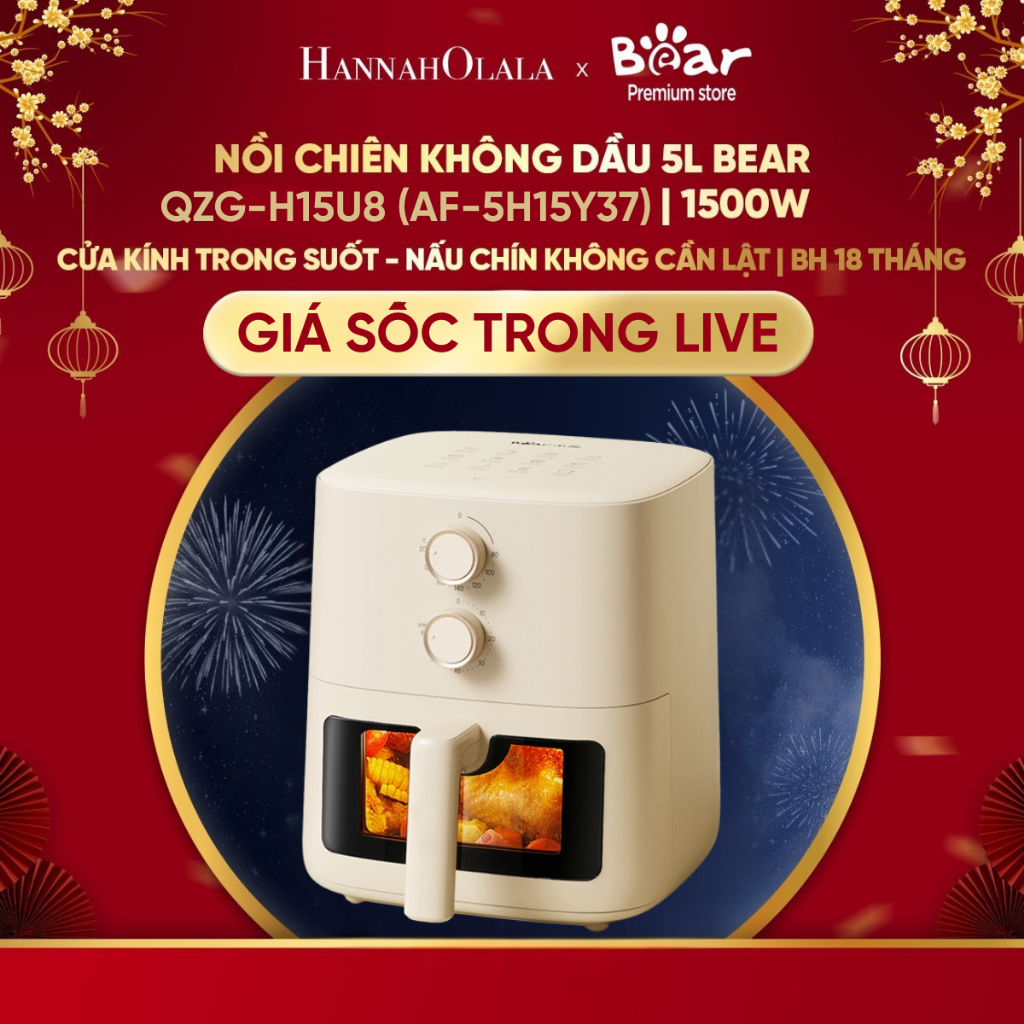 [Bear Premium x Hannah Olala] Nồi Chiên Không Dầu 5L Bear AF-5H15Y37 | 1500W - Cửa Kính Trong Suốt