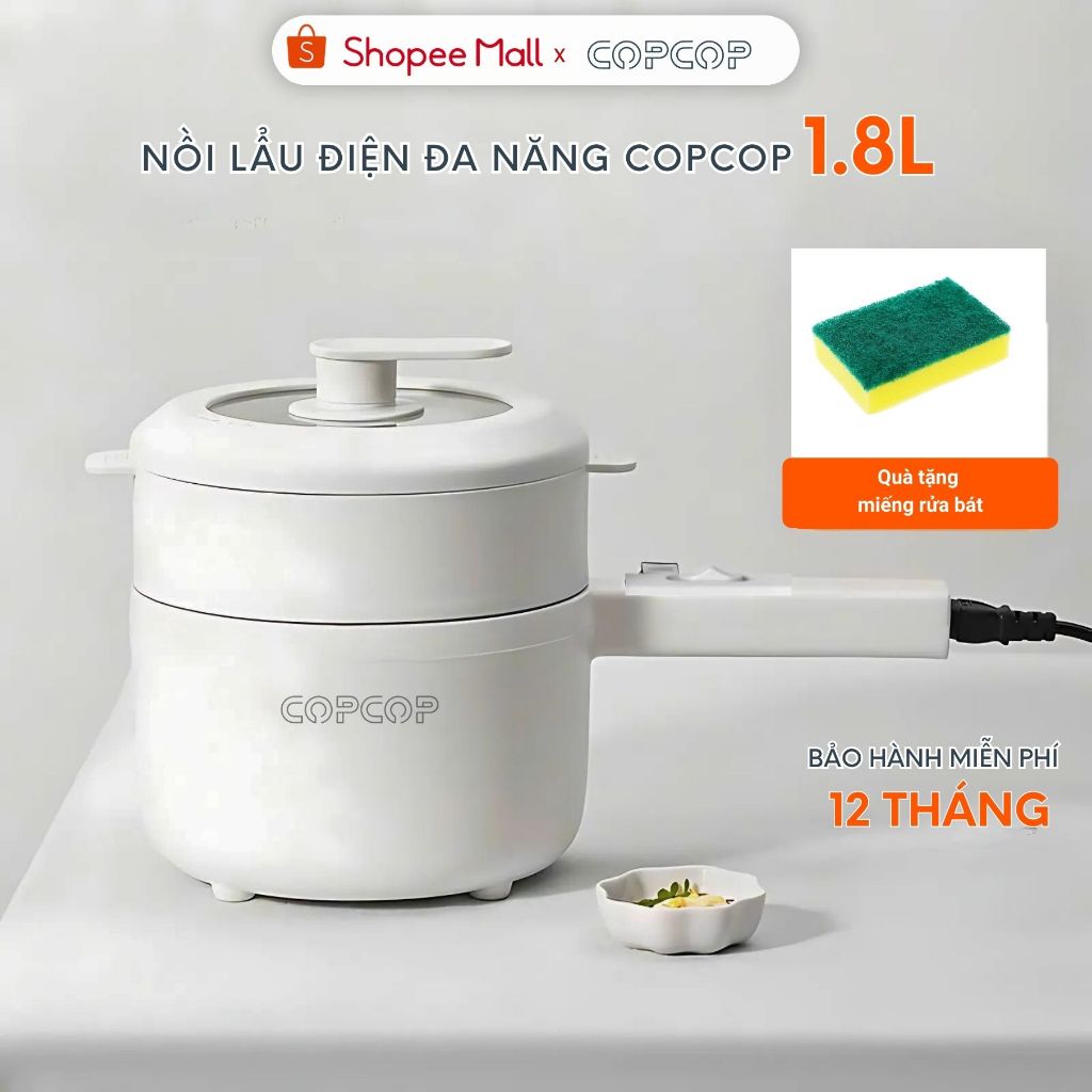 Nồi điện đa năng COPCOP nồi lẩu điện 1.8L chống dính công suất 700W kèm xửng hấp bảo hành 12 tháng