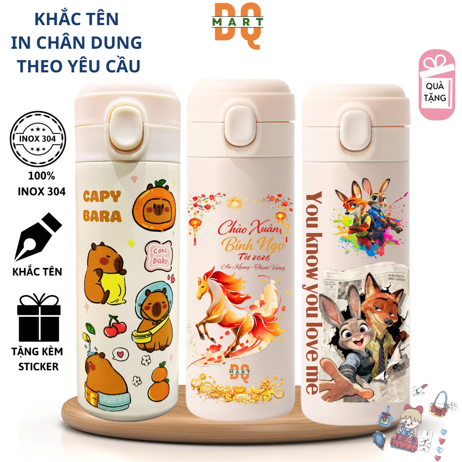 Bình giữ nhiệt Gấu Dâu Dqmart 400ml giữ nhiệt 12h, Bình giữ nhiệt gấu dâu, inox 304 400ml -DQMART