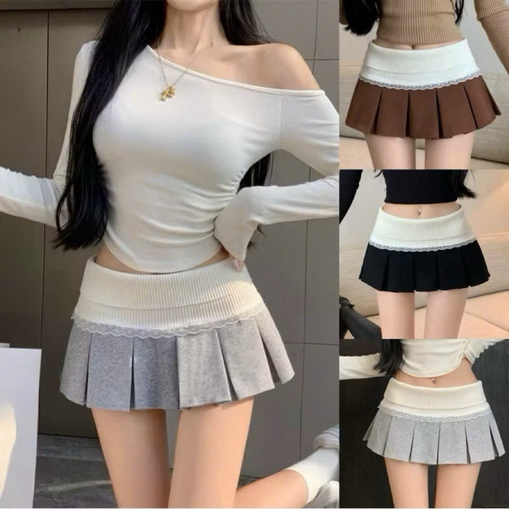 Chân váy ngắn xếp ly to lưng gập phối viền ren phong cách TIMI SHOP DC80