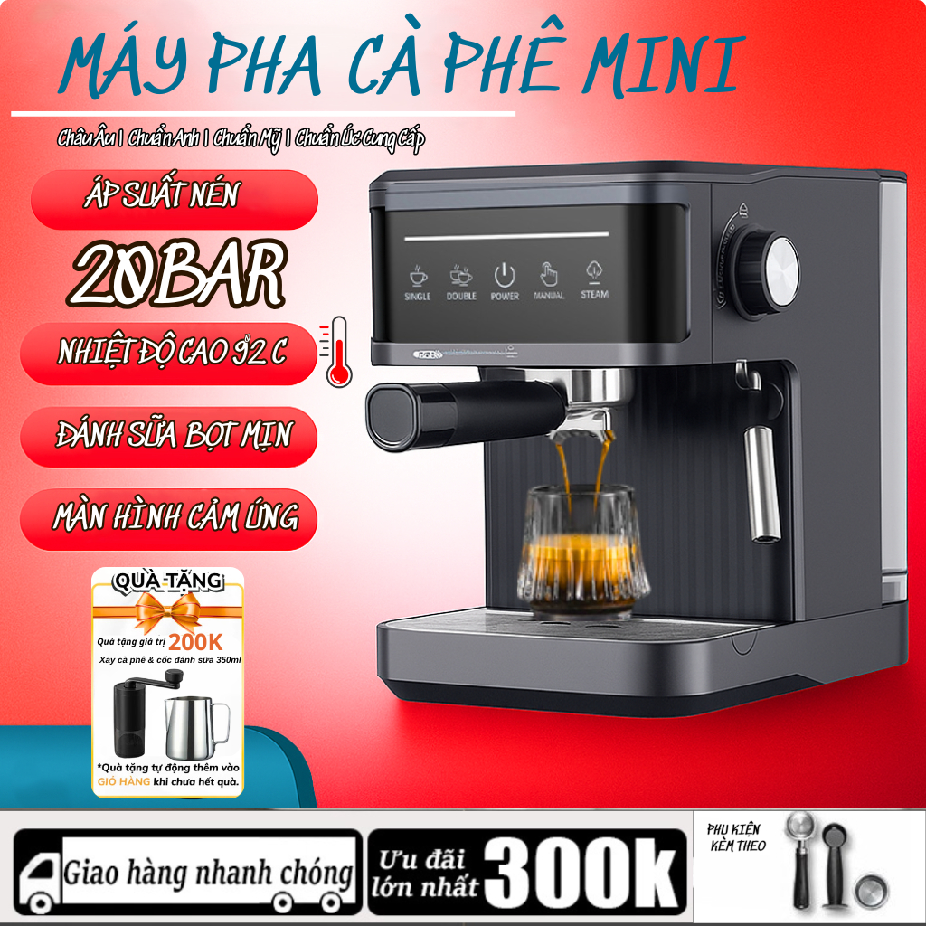 Máy Pha Cà Phê Espresso 20 BAR, Máy Pha Cà Phê Mini Cao Cấp Tự Động Tạo Bọt Sữa, Dùng Cho Gia Đình