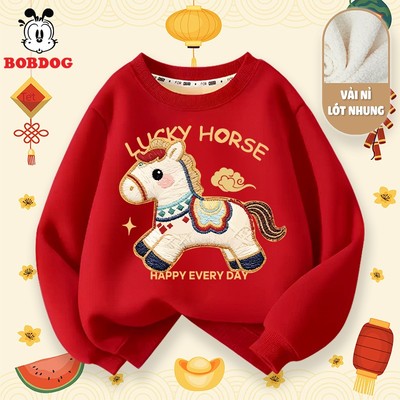 Áo nỉ cho bé gái BOBDOG, áo tết cho bé chất nỉ nhung dày ấm in hình ngựa lucky cute