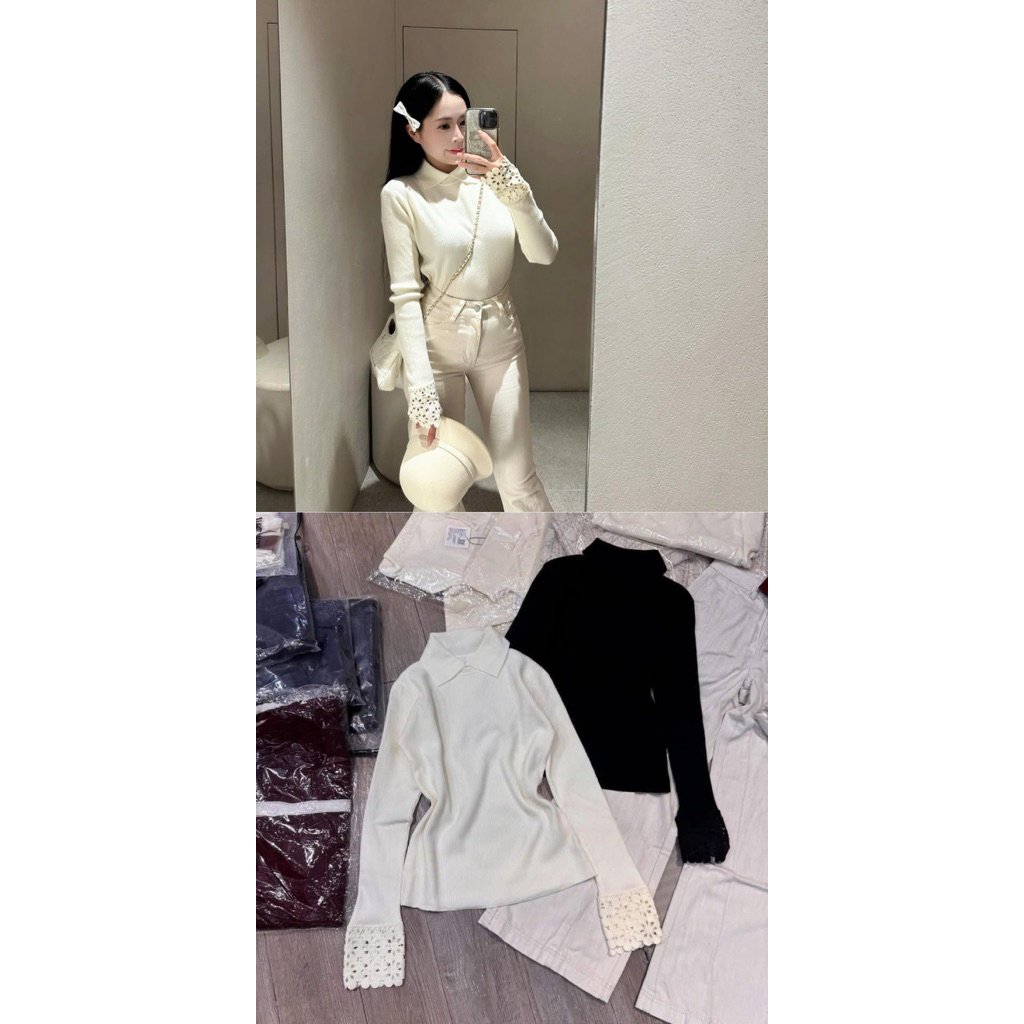 EMPINK/[ 𝐇𝐚̀𝐧𝐠 𝐜𝐡𝐮𝐚̂̉𝐧 𝐐𝐂 ] Áo len mongtogi cổ bẻ tay dài phối Ren Hoa hàng QC