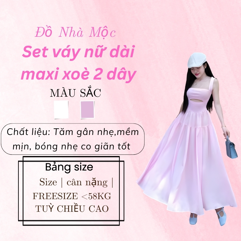 Set váy nữ dài xoè thiết kế 2 dây bản to cổ vuông tông dáng thích hợp cho các nàng lựa chọn FREESIZE