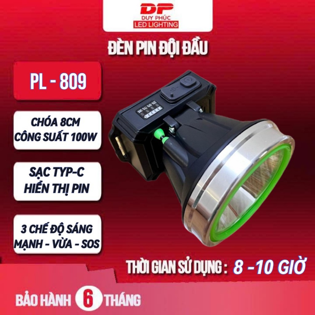 Đèn pin đội đầu LED LASER PL 809 - pin 16850 - sạc Type-C - soi xa mạnh - dùng ngoài trời