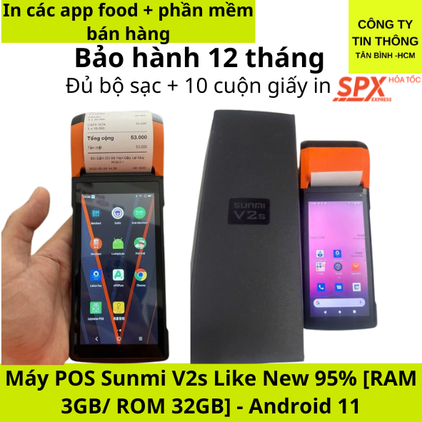 Máy POS Sunmi V2s Like New 95% [RAM 3GB/ ROM 32GB] in các app food, phần mềm bán hàng - BH 1 Tháng