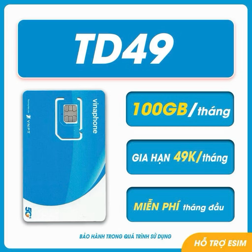 [Có ESIM] SIM 5G Vinaphone, TD49 12T- 100Gb/tháng