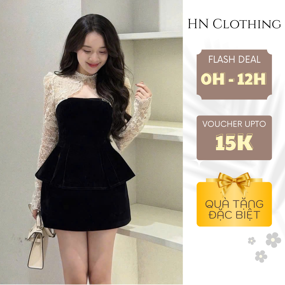 Set đồ nữ đen phối ren cổ tay dài, váy peplum ôm dáng sang chảnh HN Clothing S144