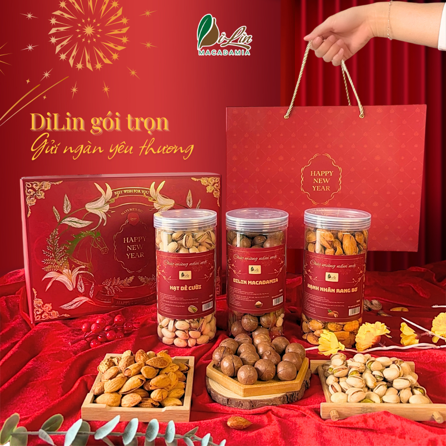 Combo Quà Tết Hạt Dinh Dưỡng DiLin – Hạnh Nhân Rang Bơ, Macca DiLin, Hạt Dẻ Cười