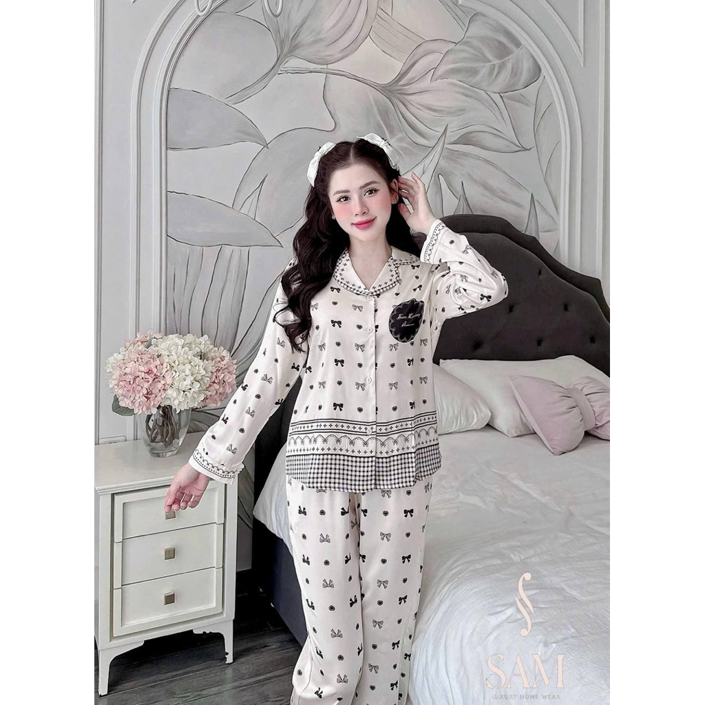 Bộ lụa mặc nhà Sam Luxury Cao Cấp Hoạ Tiết Nơ Tim Đủ Màu