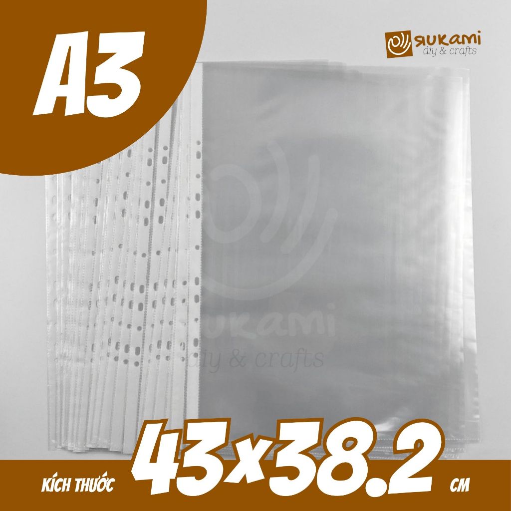 Set 10 Bìa Lỗ A3 Dày Trong Suốt Cao Cấp (43x32.8cm) - Túi Sơ Mi Đục Lỗ Đựng Bản Vẽ Kiến Trúc Rukami