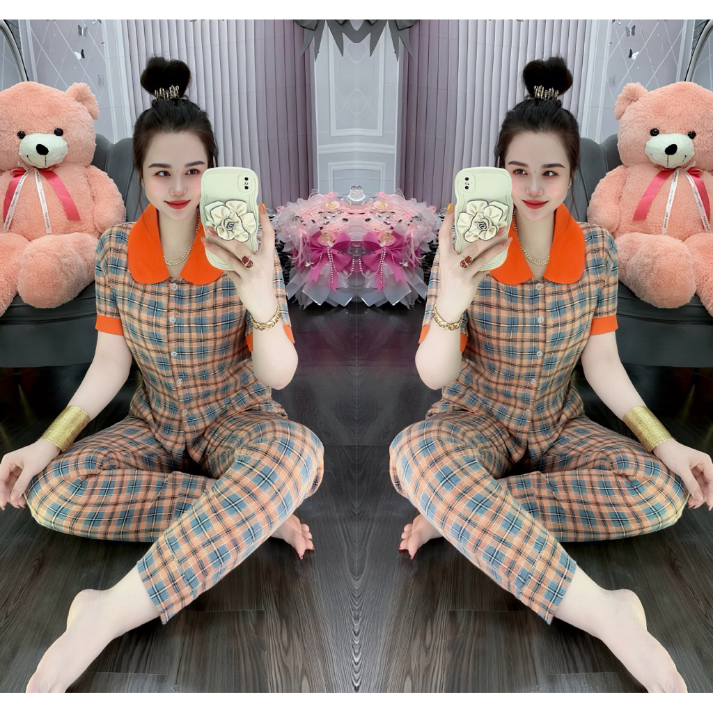 Đồ Bộ Cổ Sen Quần Dài Vải Lụa Mango Size Từ 45-75 Kí