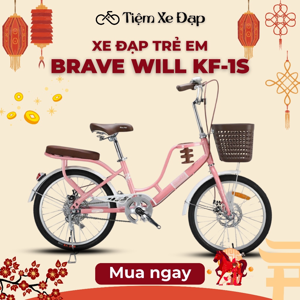 Xe Đạp Trẻ Em BRAVE WILL KF-1S Khung Thép Bình Nước Tiện Dụng Size 20 22 Inch