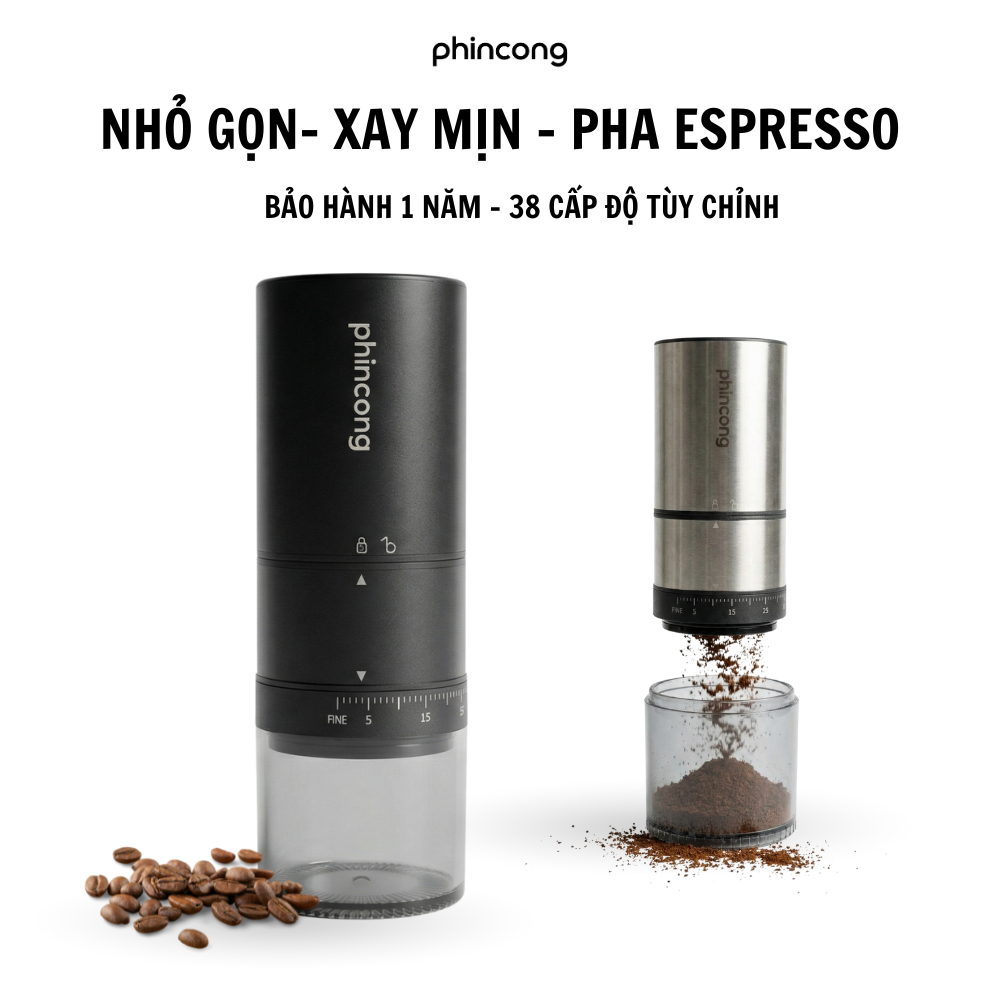 Máy Xay Cà Phê Cầm Tay Tự Động Phincong PC120 - Lõi Thép, Tùy Chỉnh Độ Mịn, Pha Espresso/ Phin