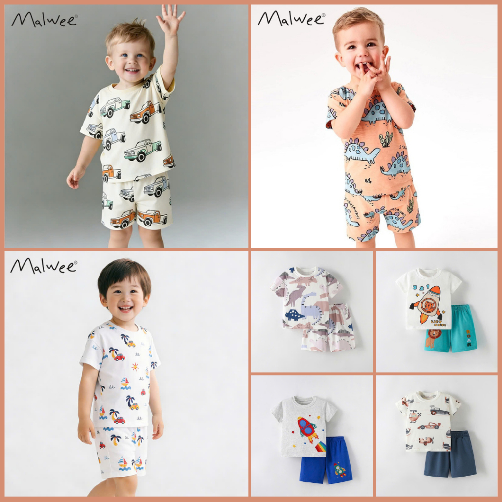 BST bộ hè bé trai cotton hoạ tiết khủng long, oto Malwee thời trang trẻ em từ 2-7 tuổi P1