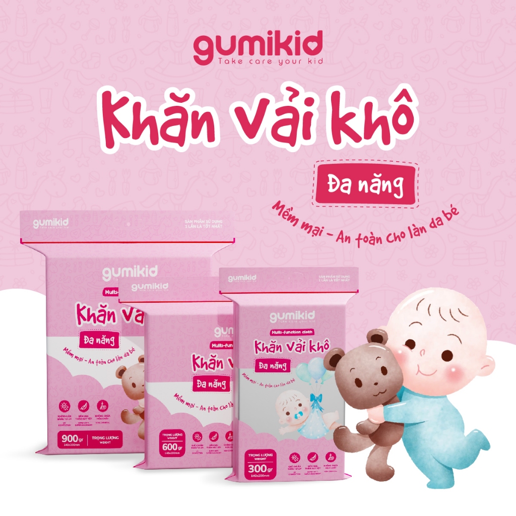 Khăn vải khô đa năng GumiKid cho mẹ và bé, chất liệu an toàn, mềm mại, tiện lợi, thấm hút tốt