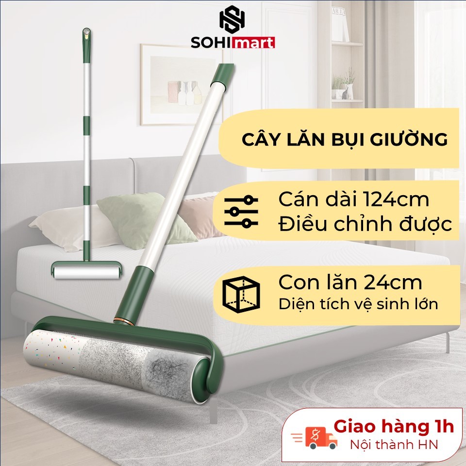 Cây lăn bụi giường 24cm SOHIMart, cây lăn bụi cán dài có thể điều chỉnh, kèm lõi 24cm tiện lợi, lăn 