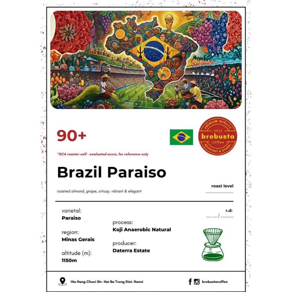 Cà phê Specialty Arabica Brazil Paraiso, gói 200gr nguyên hạt pha espresso, pour-over, aeropress