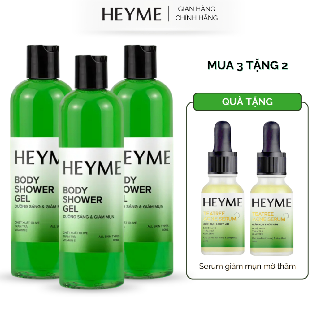 Combo 3 Sữa tắm hỗ trợ giảm mụn lưng, hỗ trợ mờ thâm mụn HEYME 300ML Tặng 2 Serum hỗ trợ giảm mụn mờ