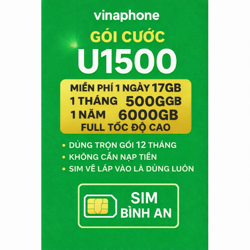 SIM VINAPHONE U1500 500GB/THÁNG  LOẠI 12T LẮP VÀO LÀ DÙNG NGAY,DÙNG CHO XE O TÔ,PHÁT WIFI,LIVESTREAM,...