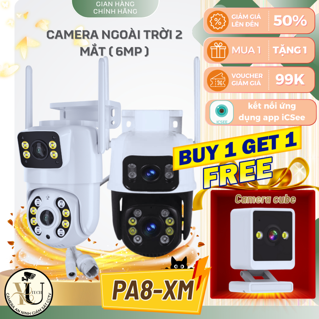 ( TẶNG CAMERA CUBE )  Camera giám sát iCSee PA8-XM - camera ngoài trời - xem 2 khung hình - đàm thoạ
